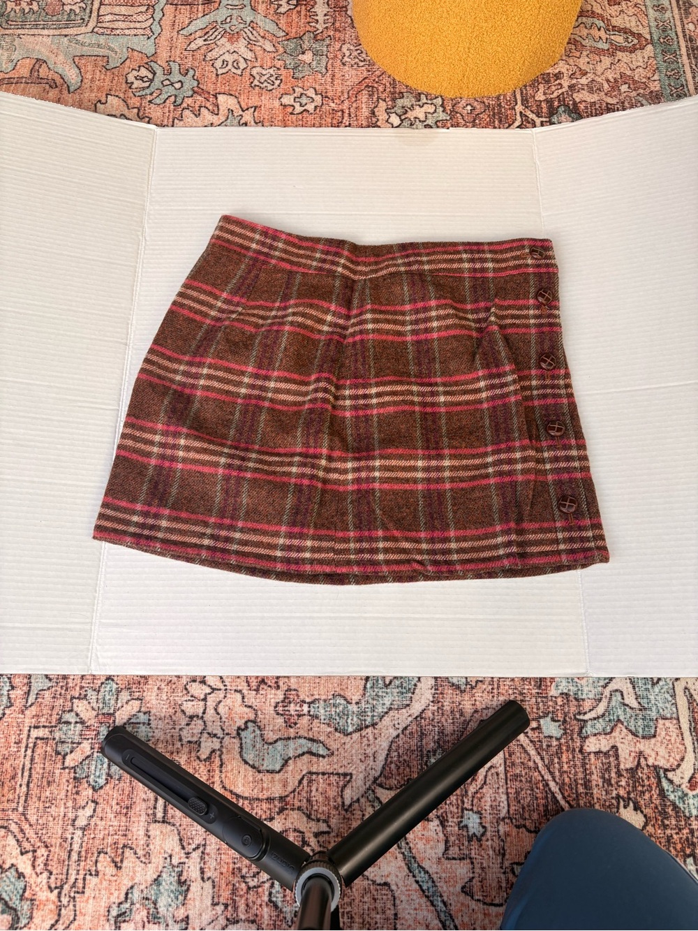 Plaid Wool Blend Mini Skirt with Side Buttons - Brown & Pink